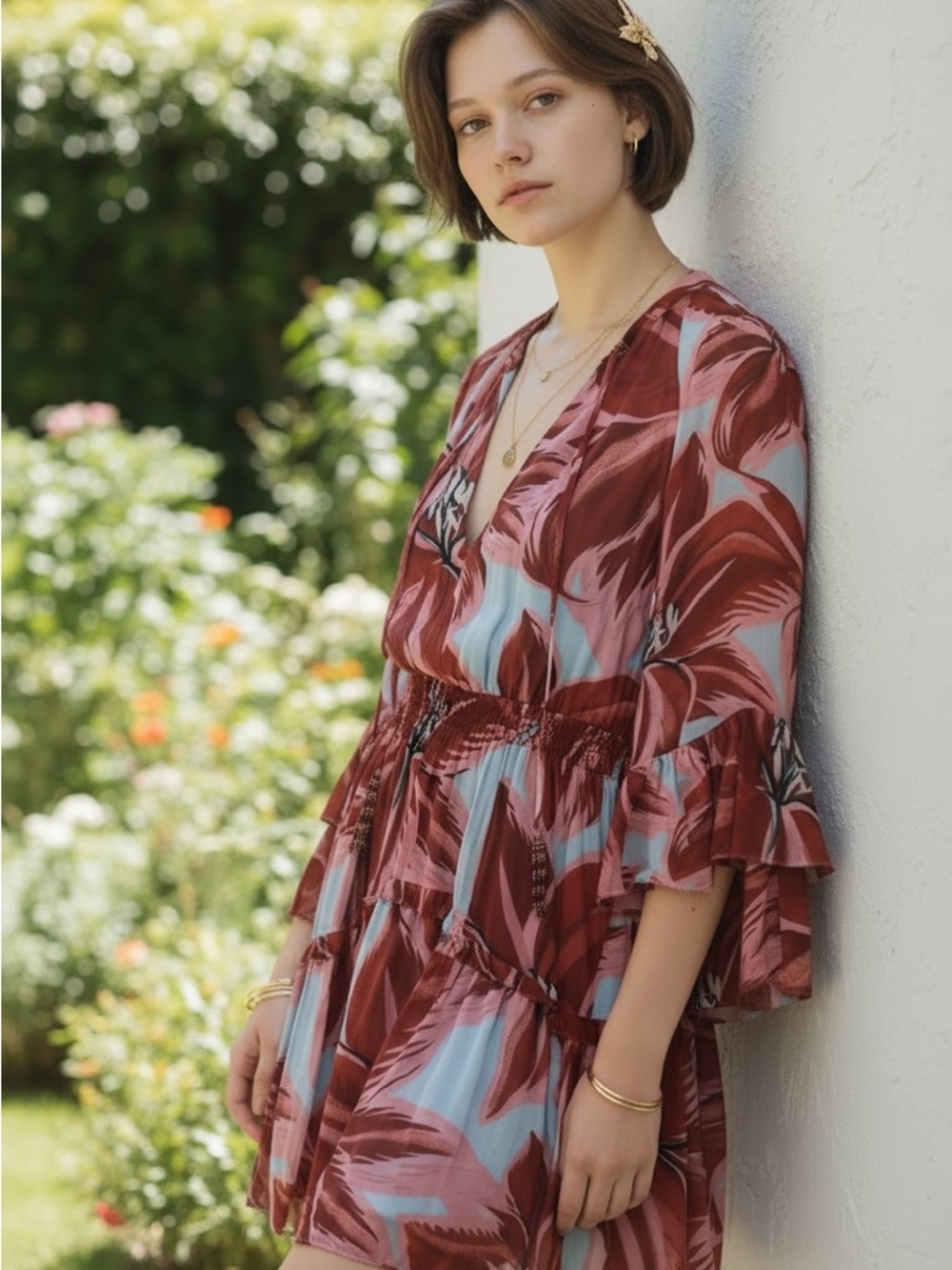 FARM Rio Tropical V-Neck Tiered Midi Dress with Sky Blue Accents